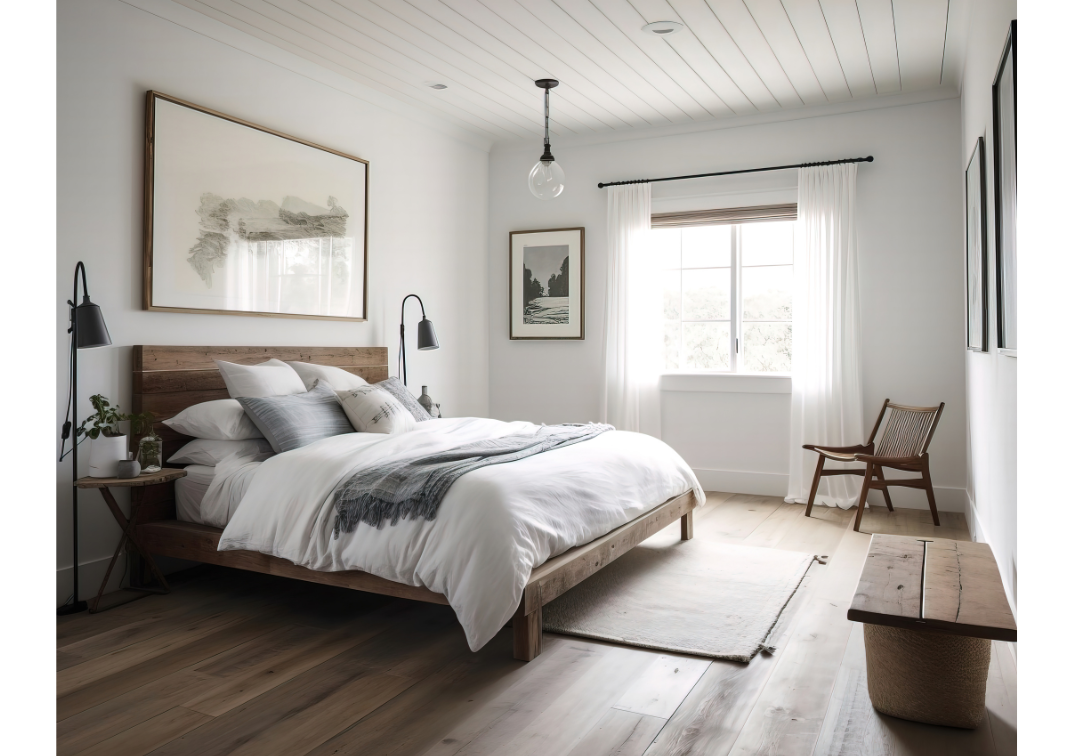 Beautiful bedroom with hardwood floors, modern farmhouse decor, lighting and shiplap ceiling.